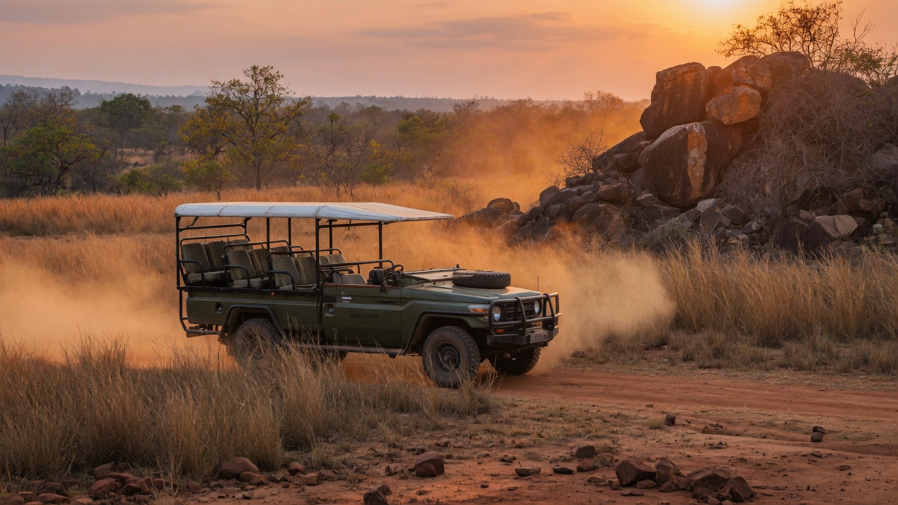 Open safari vehicle in dry forest