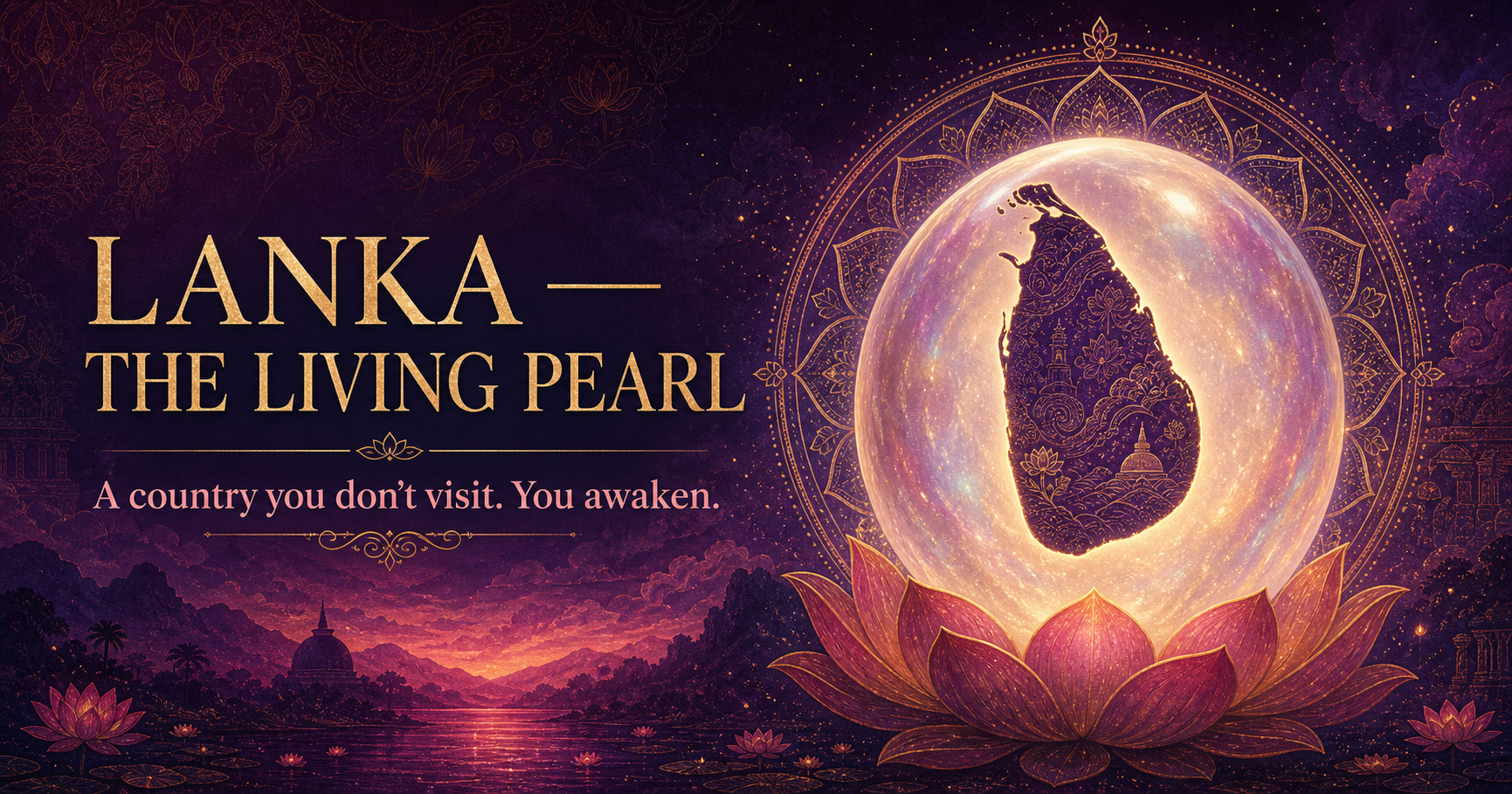 A luminous pearl holding the patterned silhouette of Sri Lanka above a lotus at dusk