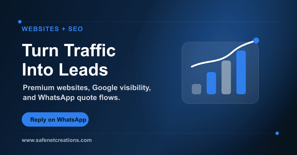 SafeNet website, SEO and WhatsApp lead generation campaign graphic